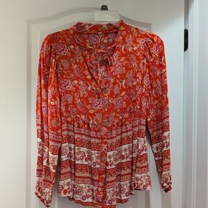 SHEIN Orange Floral Button-Down Blouse with Tie Neck